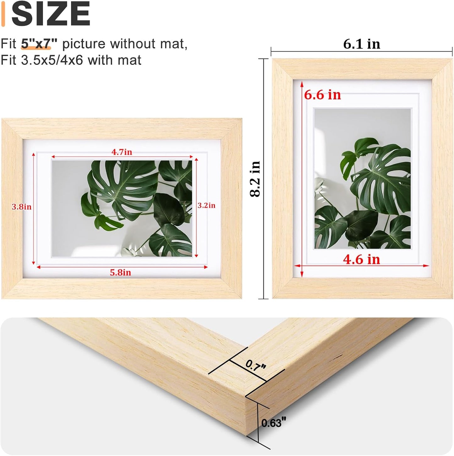 Egofine 5x7 Picture Frames Set of 4, Made of Solid Wood Covered by Plexiglass 3.5x5 and 4x6 with Mat or 5x7 without Mat, for Table Top Display and Wall Mounting Photo Frame Oak Wood
