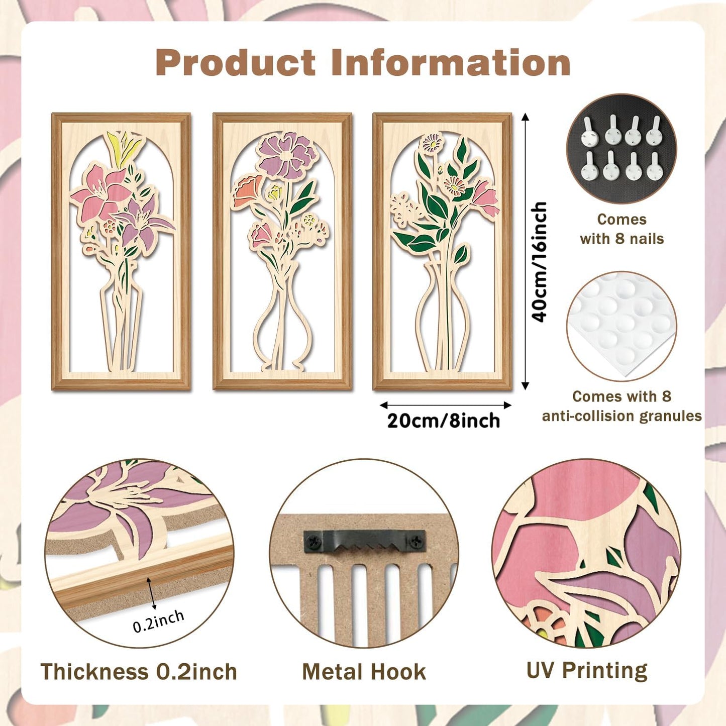 IARTTOP 3 Pcs Boho Flower Vase Wooden Wall Decor Minimalist Floral Farmhouse Decor Botanical Wood Wall Art Bohemian Flower Artwork for Bathroom Living Room Bedroom Housewarming Gifts 7.9 x15.8 Inch