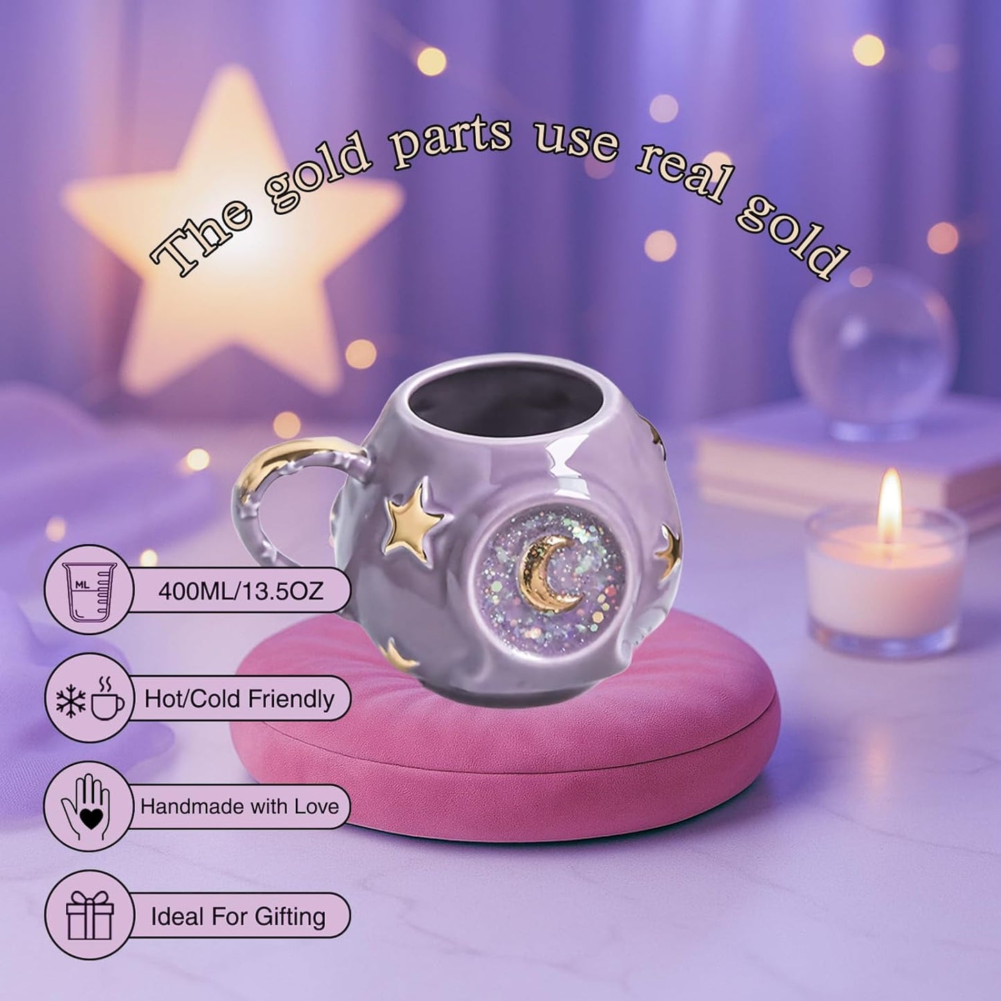 Handmade Coffee Cup 400ML with Fancy Tarot Star/Moon Design, Fashion Starry Sky Ice Coffee Cup, Gradient Pink Pottery Tea Cup for Home/Office (purple)