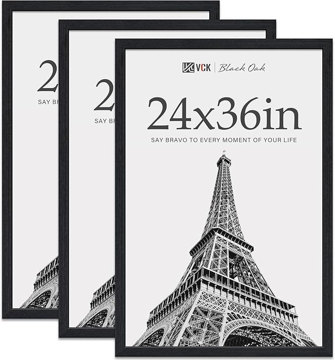 VCK 24x36 Poster Frame Black Oak - 3 Pack, Exclusive Natural Textured Solid Wood Picture Frame, Wall Hanging