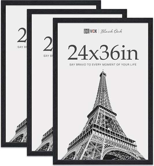 VCK 24x36 Poster Frame Black Oak - 3 Pack, Exclusive Natural Textured Solid Wood Picture Frame, Wall Hanging