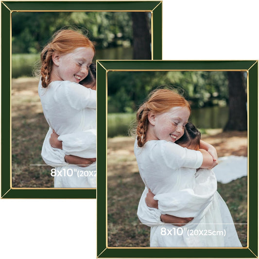Frametory Enamel Picture Frame - 8x10 Gold Metal Edge Green Enamel Picture Frame With Easel and Velvet Back for Tabletop Display, Bookshelf, 8x10 Wall Decoration, Photo Frames-2 Set