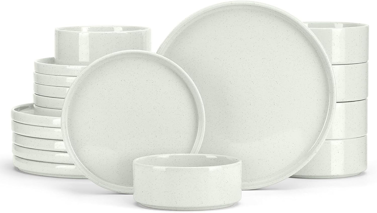 E-far Dinnerware Sets for 6, 18-Piece Stoneware Plates and Bowls Set, Modern Kitchen Dinning Dishware, Chip and Scratch Resistant, Microwave & Dishwasher Safe, Speckled White