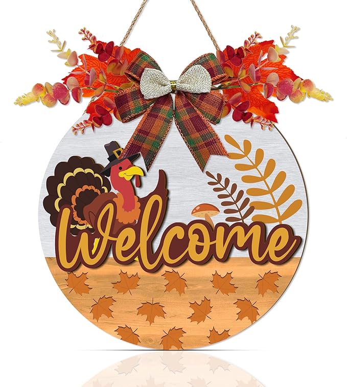 3D Welcome Fall Sign,Turkey Door Hanger Autumn,Hello Fall Door Wreath,Thanksgiving Day Wall Decoration,Maple Leaves Harvest Turkey Porch Sign for Home Farmhouse Yard Indoor Office Party