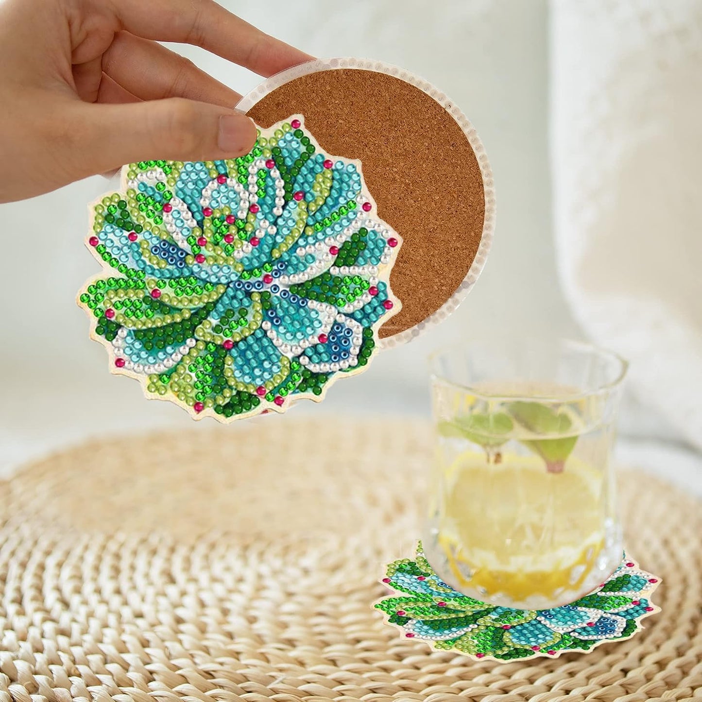 DOZEEZOP 8 PCS Diamond Art Coasters Kit, Diamond Painting Coasters with Holder, Fall Diamond Art Kits for Adults Beginners, Arts and Crafts Supplies Party Item Sets Succulence