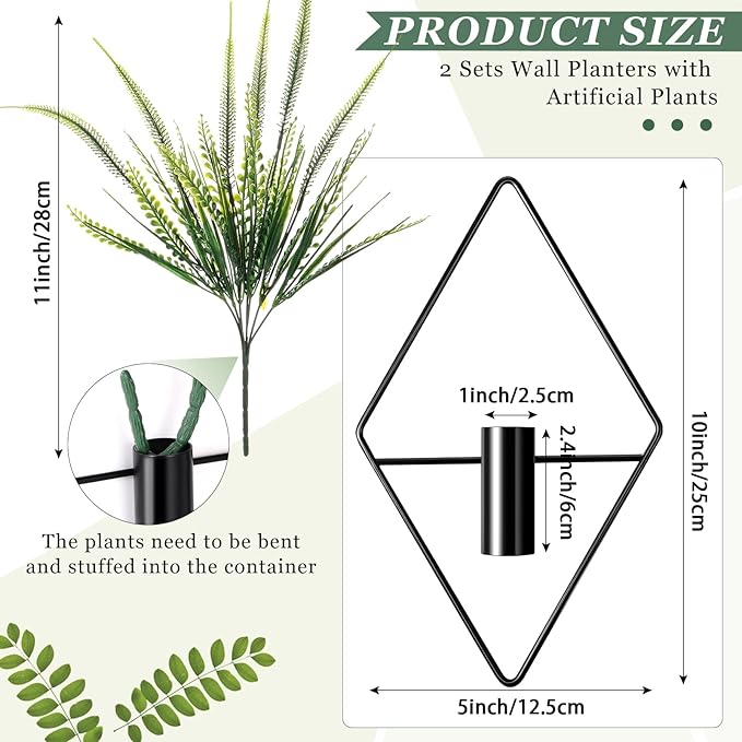 2 Pieces Wall Decor Hanging Planters with Artificial Plants Metal Hanging Vase Indoor Plants Holder Modern Boho Wall Art for Bathroom Bedroom Living Room Decor(Black,Boston Fern)