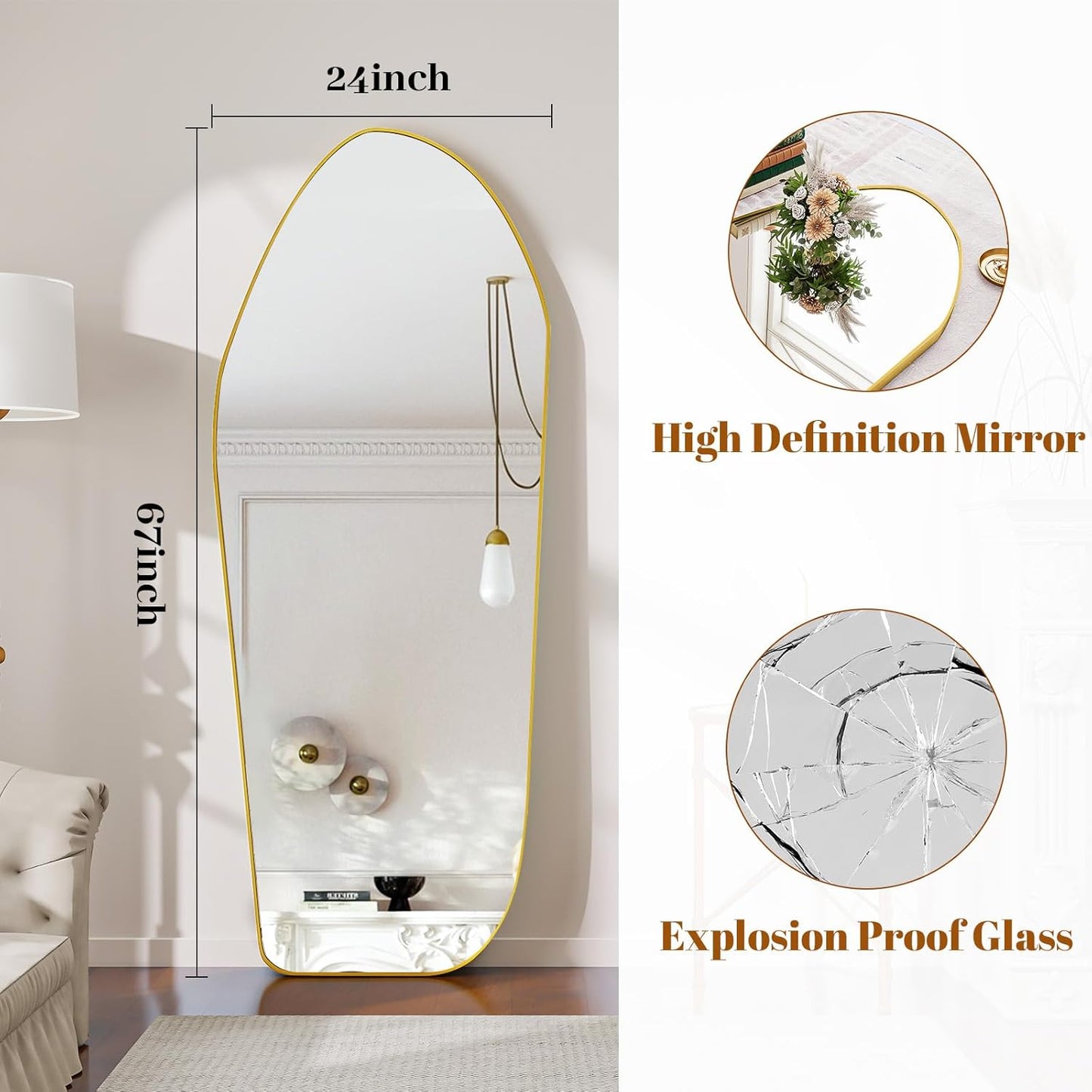 Full Length Floor Mirror - 67"x24" Aluminum Frame Irregular Diamond Shaped Standing Leaning Hanging for Bedroom Living Room Cloakroom Decor Large Mirror Gold
