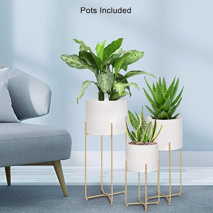 Floor Standing White Planters with Gold Stands for Indoor Plants, Large Metal Plant Pots Set of 3, Tall Planters for Mid Century Modern Living Room, Corner, Patio (Diameter 9/8/7 inches)