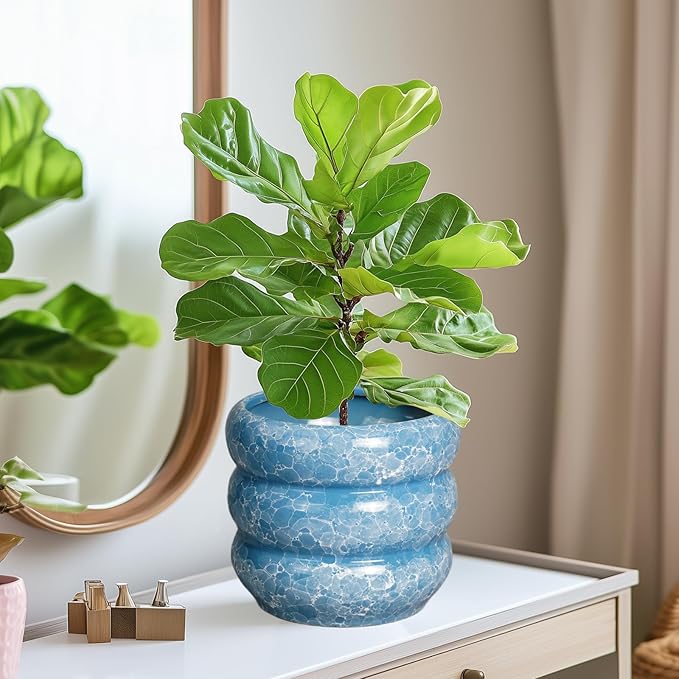 SQOWL 8 Inch Plant Pot with Drainage Hole - Ceramic Pot for Plants Outdoor Planter for Indoor Plants Decorative Plant Pot Medium Flower Pot Round Planter for Bathroom House Decor Blue