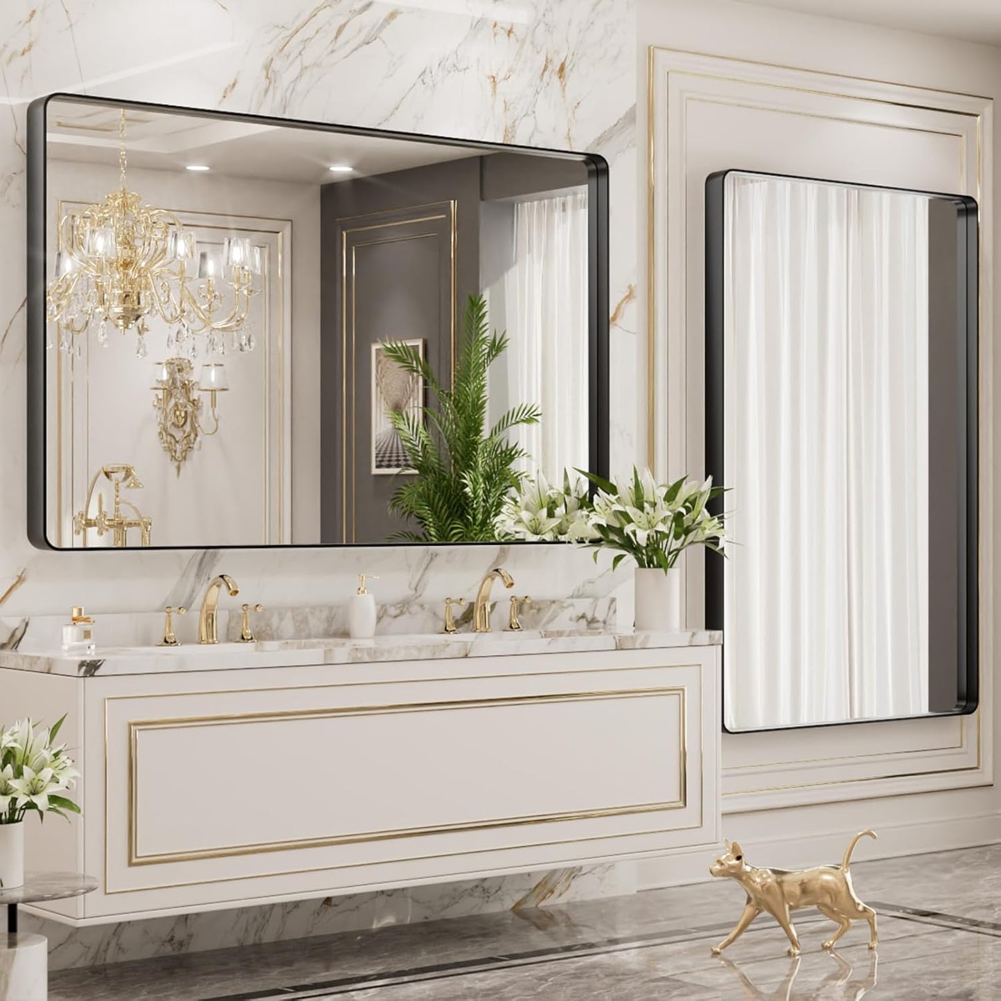 LOAAO 55X36 Inch Black Metal Framed Bathroom Mirror for Wall, Matte Black Bathroom Vanity Mirror Farmhouse, Large Rounded Rectangle Mirror, Anti-Rust, Tempered Glass, Hangs Horizontally or Vertically