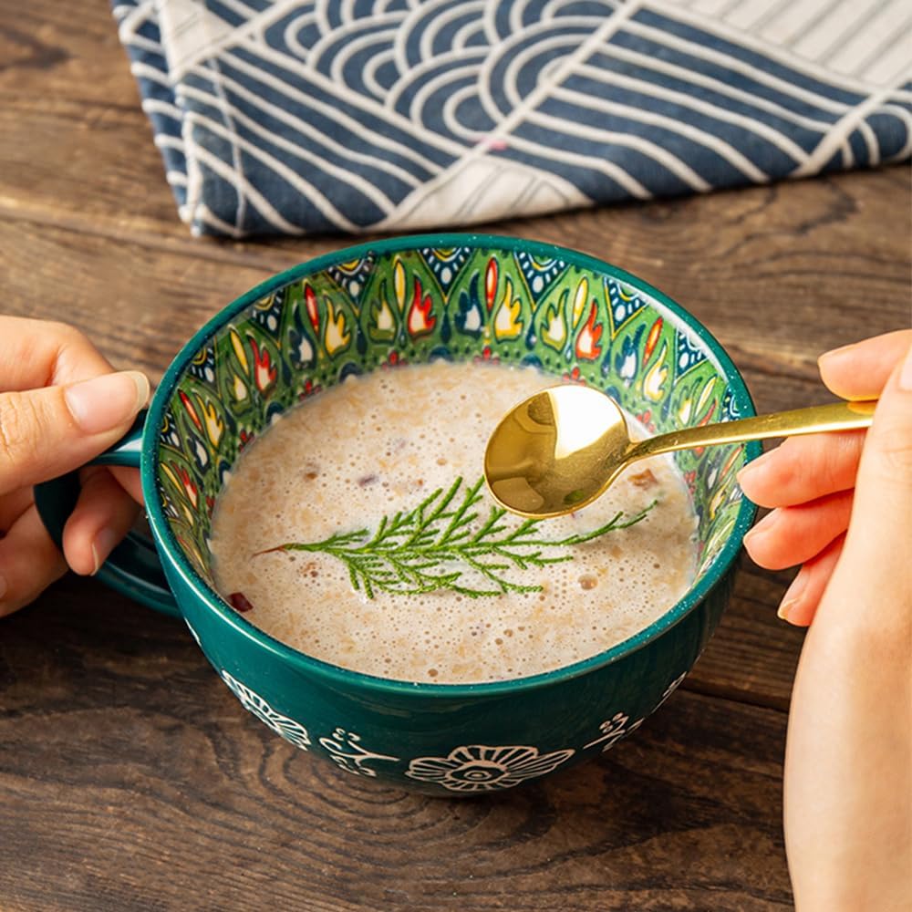 Bohemian Hand-Painted Ceramic Mug, 15 Oz Large Coffee Cup for Milk, Tea, and Breakfast, Dishwasher & Microwave Safe Artisan Cup, Green-J