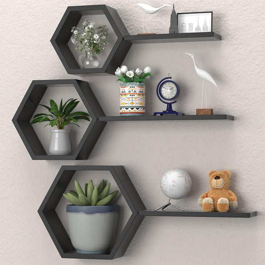 Hexagon Floating Geometric Honeycomb Shelves - Hexagon Floating Shelves Wall Mounted, Honeycomb Wall Shelves Set of 6, Geometric Floating Shelves for Home Decor, Black