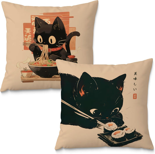 Funny Vintage Black Cat Japanese Sushi Ramen Noodles Pillow Covers 18x18 Set of 2, Aesthetic Black Cat Art Painting Decor Pillow Covers for Room Bedroom