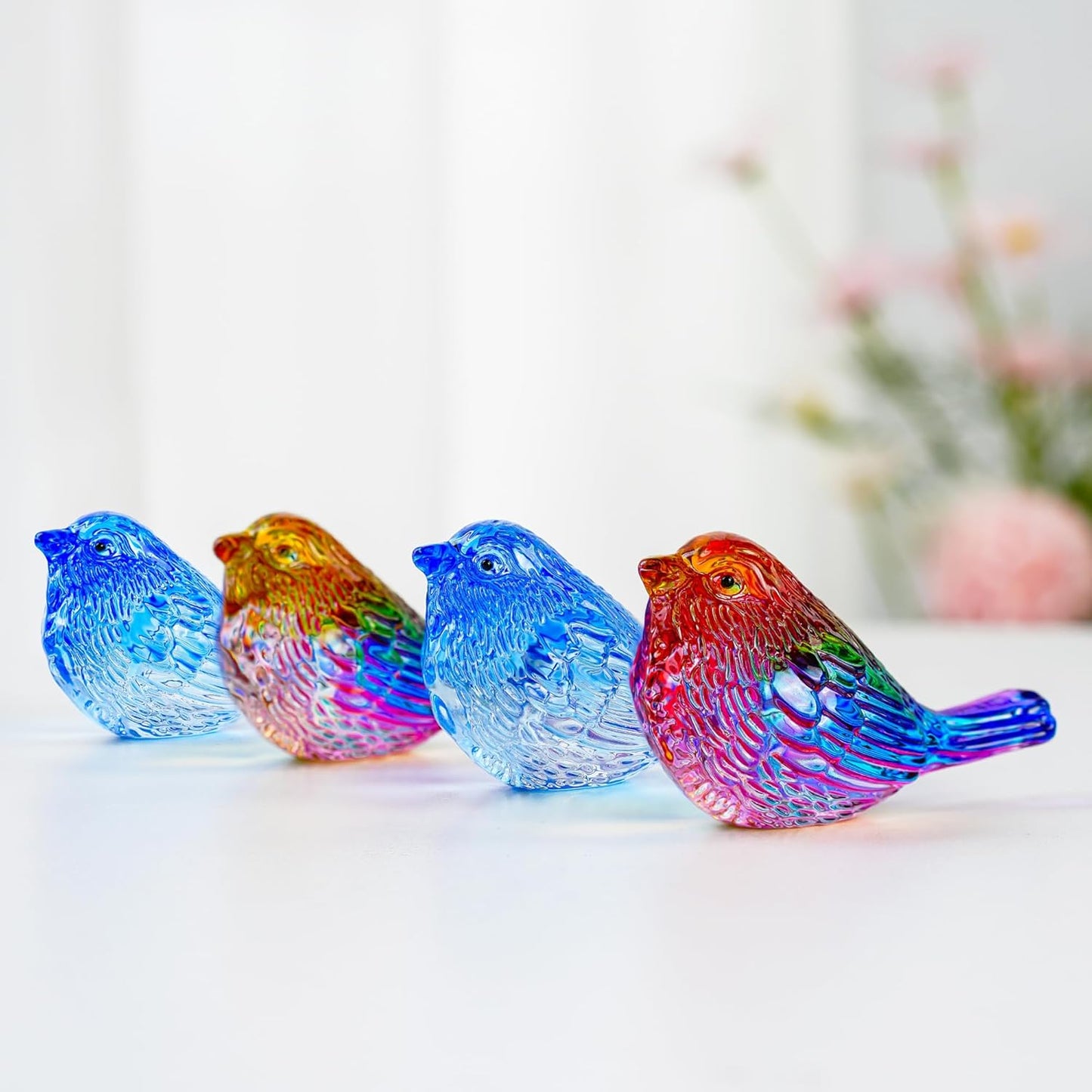 HDCRYSTALGIFTS Set 4 Crystal Bird Figurines - 3'' Art Glass Animals Sculptures Gift for Bird Lovers Women Birthday Anniversary Table Home Decor