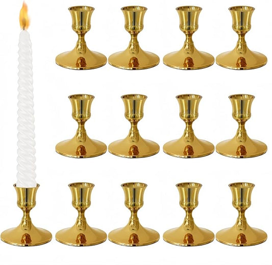 Vintage Gold Taper Candle Holders, Set of 12, Metal Taper Candlestick Holder for Dinner Room Table Centerpiece, Wedding Reception, Festive,Mantel Decoration, Home Decor (Titanium Gold)