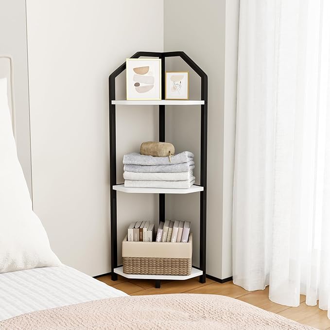 Fun Memories 3 Tier Corner Shelf, 40” Corner Shelf Stand, Corner Bookshelf Plant Stand, Storage Shelf for Bathroom, Living Room, Kitchen,Home Office, White