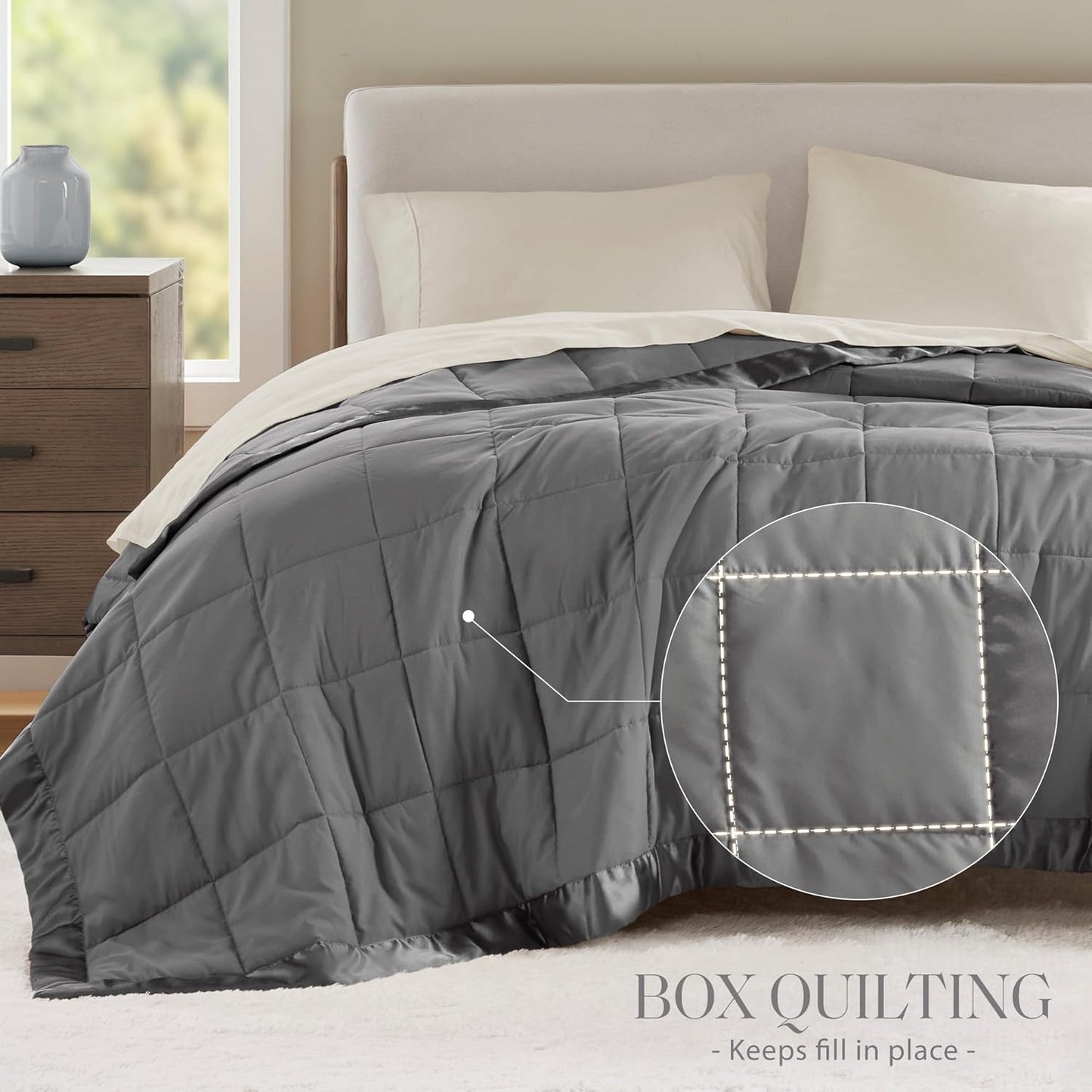 Madison Park Windom Down Alternative Blanket, Premium 3M Scotchgard Moisture Wicking Treatment, Lightweight and Soft Bed Cover For All Season, Satin Trim, Charcoal Full/Queen