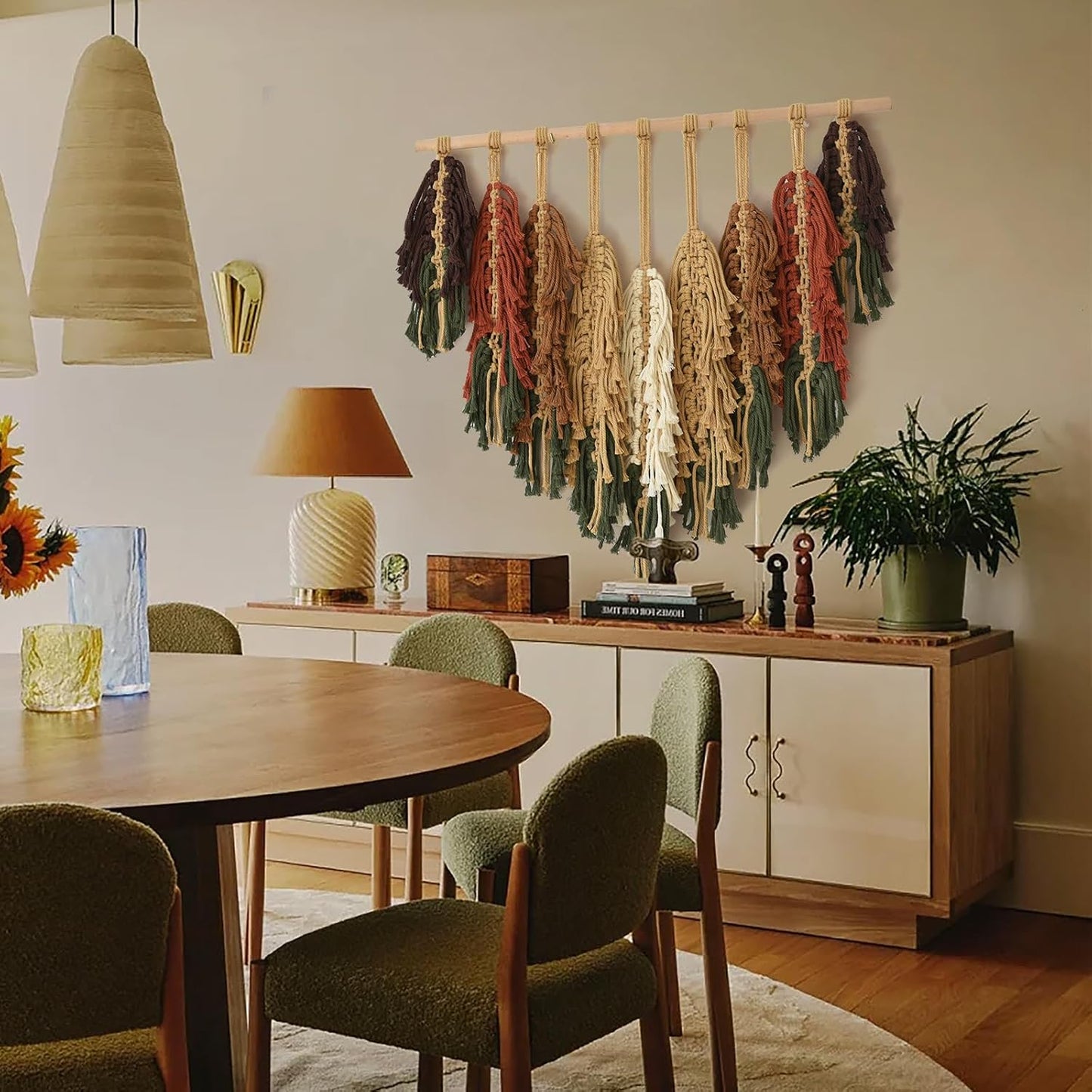 Macrame Wall Hanging with Handmade Woven Leaves Boho Feather Tapestry for Modern Apartment, Chic Dorm Decor, Cozy Bedroom or Nursery Wall Art, Leaf Wall Decor for Living Room Backdrop27" Wx26" L