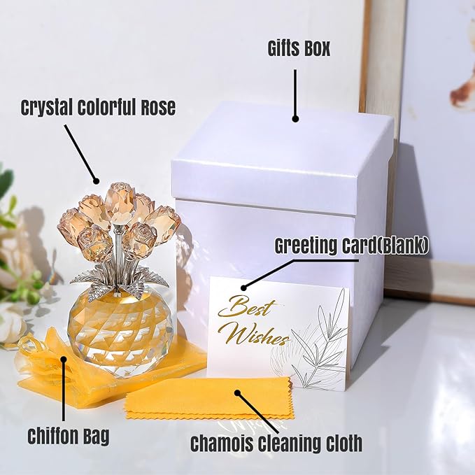 Ornalrist Crystal Gold Roses Figurine, Glass Roses Bouquet Collectible Decor Gifts for Wife Women Mom on Mother's Day Valentine's Day Wedding Anniversary