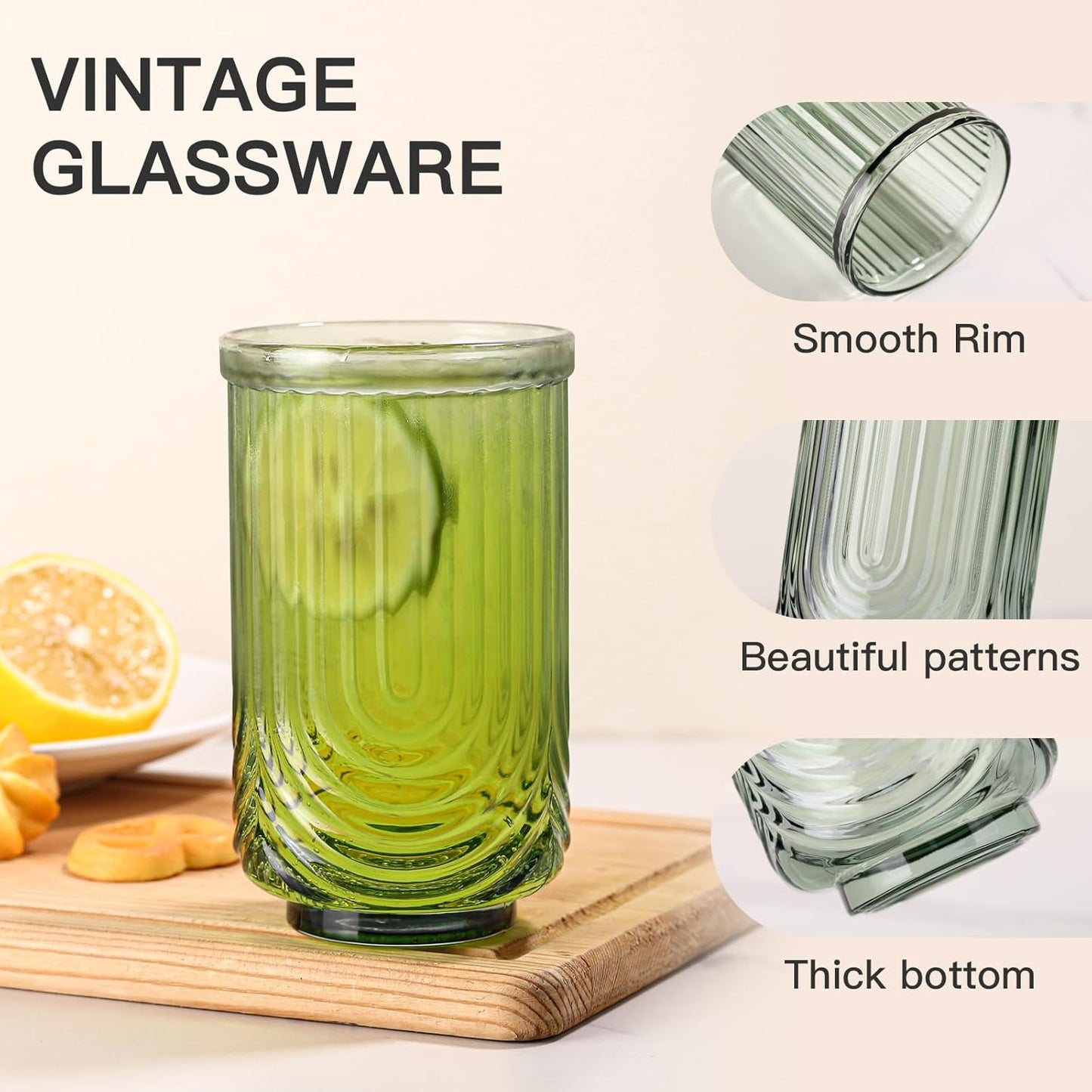 Colored Vintage Glassware Set of 6-17Oz Colorful Water Drinking Glass, Art Deco Ripple Highball Glass, Whiskey Cocktail Glasses, for Bar Beverages Ice Coffee Juice, Housewarming Gifts