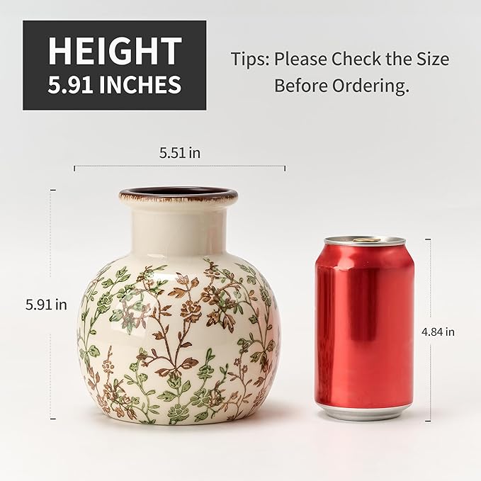 SIDUCAL Ceramic Green and Beige Antique Vase, 5.91 Inch Retro Ice Cracked Chinoiserie Floral Vase, Rustic Farmhouse Vases for Home Decor, Bookshelf, Office, Garden, Chinoiserie Decor, Tuscan Decor