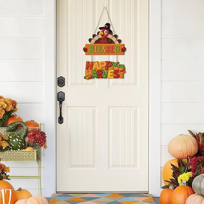 Thanksgiving Turkey Door Hanging,Autumn Turkey Shape Door Decor,Happy Harvest Wooden Sign,Fall Bless Harvest Wall Plaque,Thanksgiving Hanging Sign,Give Thanks Wall Sign for Farmhouse Home Room