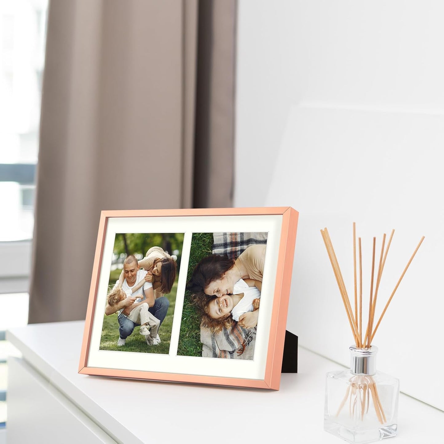 Frametory - 8.5x11 Aluminum Collage Picture Frame - Display 5x7 Pictures with 2 Openings Mat - Real Glass Front - with Easel Stand for Horizontal/Vertical Wall Mount - Rose Gold 1 Pack