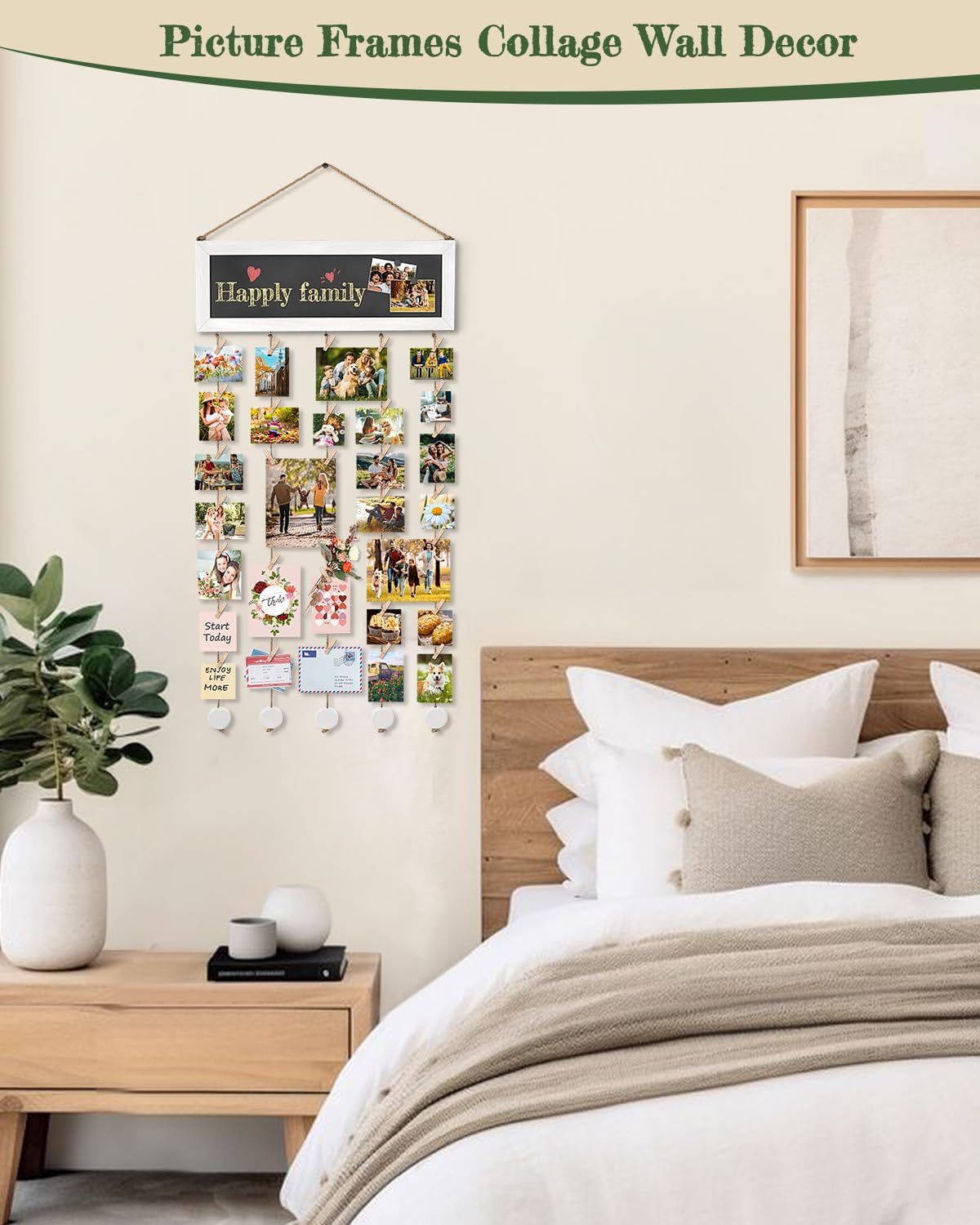 Bikoney Picture Frames Collage Wall Decor Photo Hanging Display Picture Board Wood Rustic Frames for Home Dorm Room Decor with Blackboard and 30 Clips White