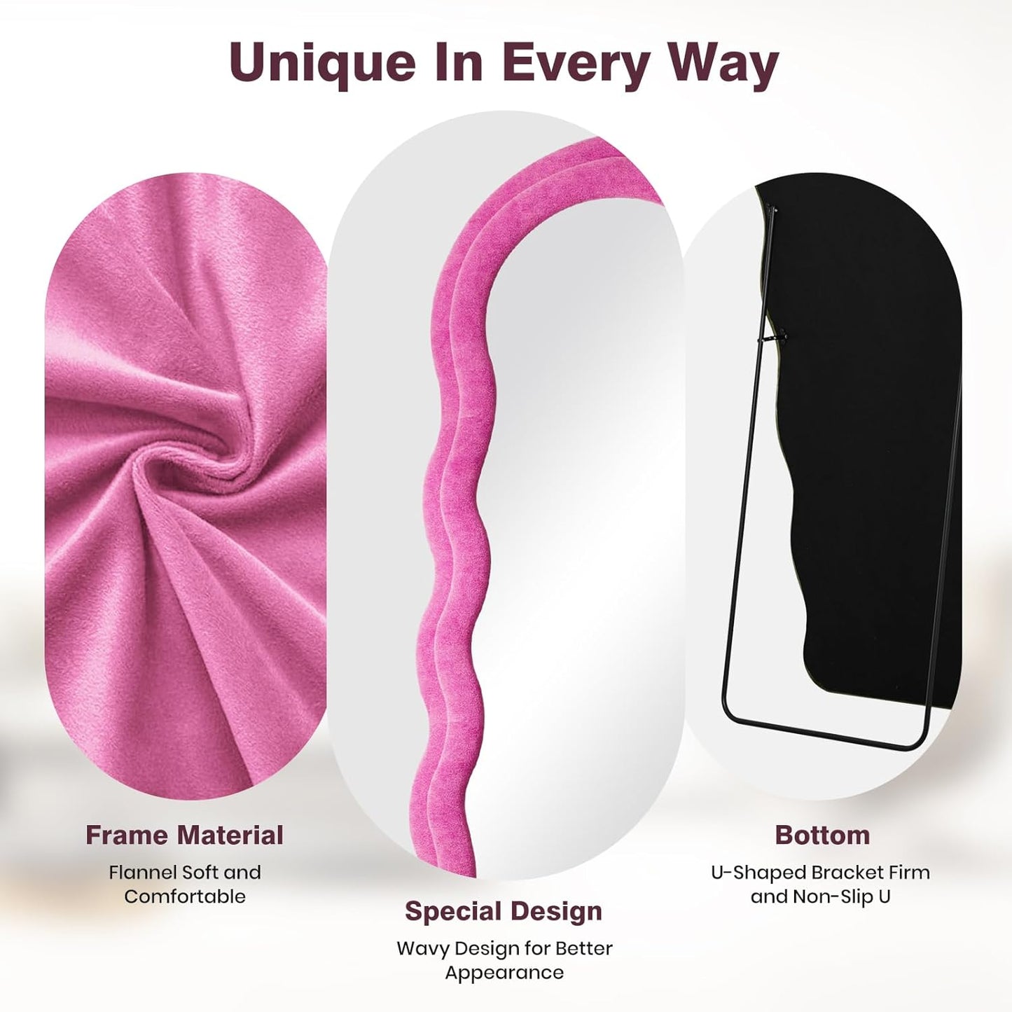 Full Length Mirror 63"x24" Arched Wavy Full Body Wall Mounted Floor Mirror with Stand Hot Pink Flannel Frame Leaning Hanging Wall Mirror for Bedroom Entrance