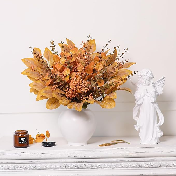 120 Pcs 5 Kinds Mixed Artificial Eucalyptus Leaves Stems and Fake Berry Bulk for Fall Decorations,Faux Plants Bundle for DIY Bouquets Floral Arrangement Wedding Engagement Party Autumn Decor (Orange)