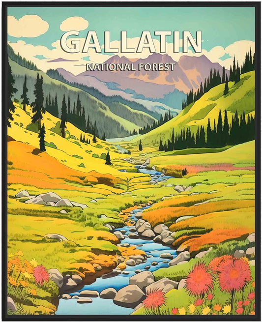 Gallatin National Forest Poster Art Print Retro Mountain Wall Art Poster Vintage Decor Nature Recreation Wilderness Wildlife Decoration, Outdoor Adventure Scenic Beauty Artwork. (Gallatin National