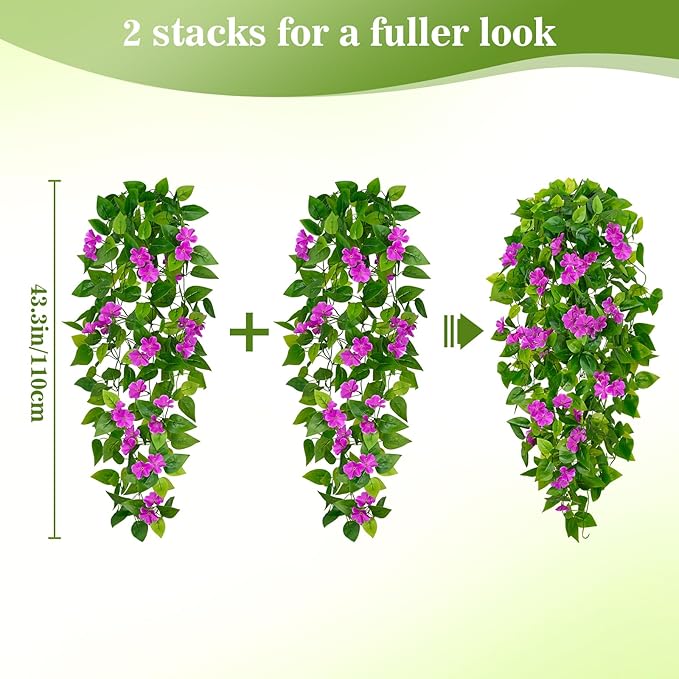 BLEUM CADE Artificial Hanging Flowers for Outdoors, 4pcs Fake Hanging Plants Pothos Vines with Purple Flowers for Wall Home Living Room Indoor Outdoor Decor (No Baskets)