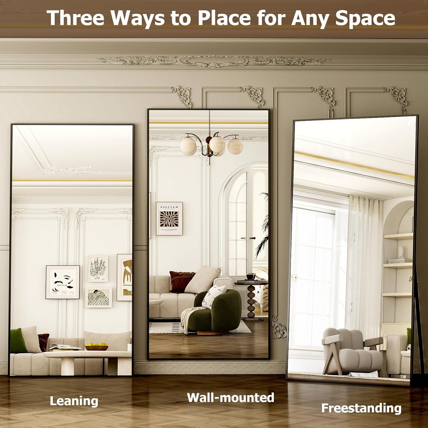 GLSLAND 77" x 38" Rectangular Full Length Mirror - Oversize Floor Mirrors Aluminum Alloy Frame Full Body Dressing Mirror for Bedroom Living Room,Black