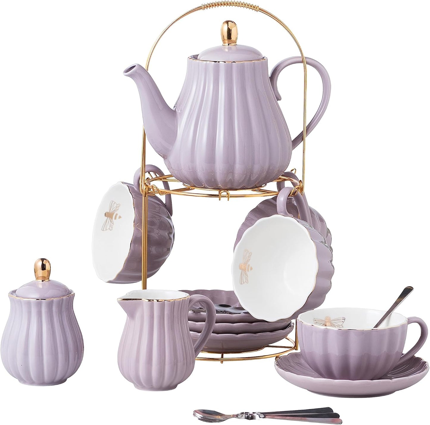CLAY TONIC-- 8 OZ Fine China Purple Coffee Cup/Teacup Set, Cups & Saucer, with Teapot-Sugar Bowl-Cream Pitcher Teaspoons and tea strainer for Tea/Coffee,17-Pieces- Service for 4 (Purple)