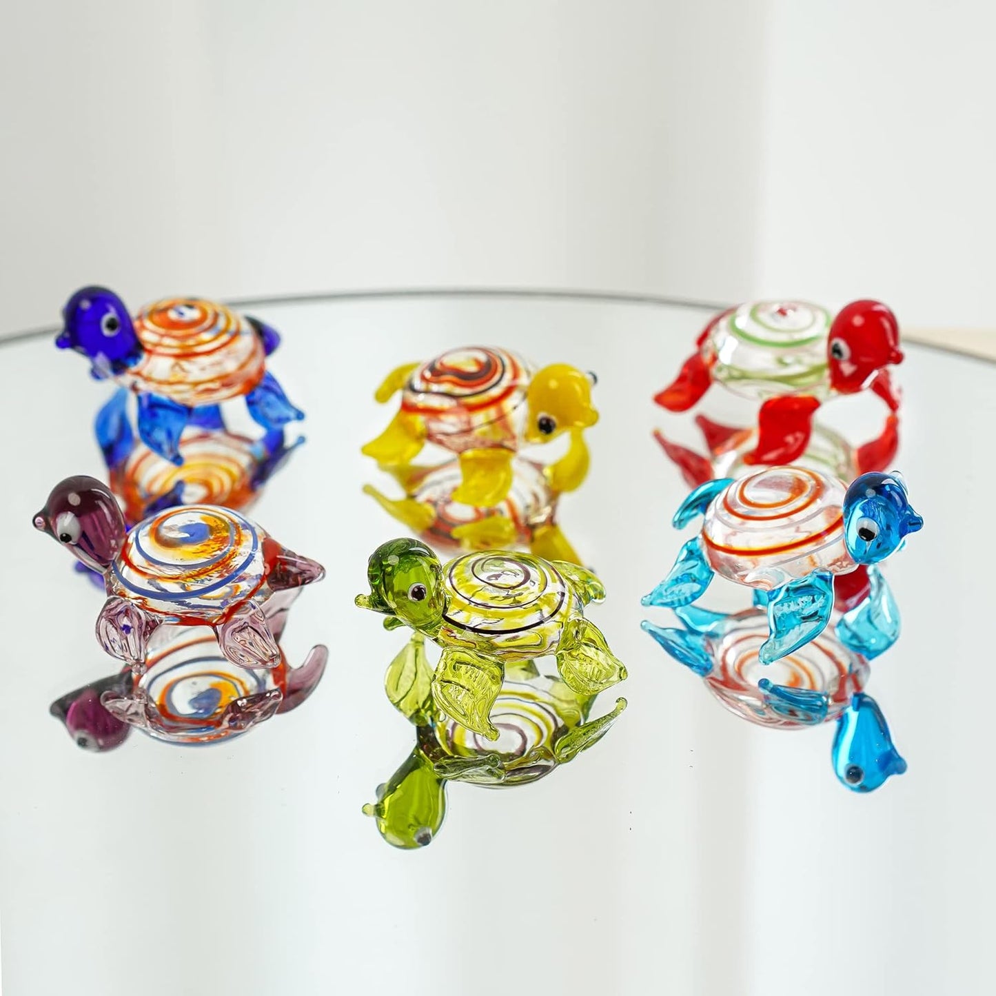 HDCRYSTALGIFTS Set of 6 Handmade Mini Sea Turtle Figurines Hand Blown Sea Animal Collectibles Ornament Art Glass Miniature Decor
