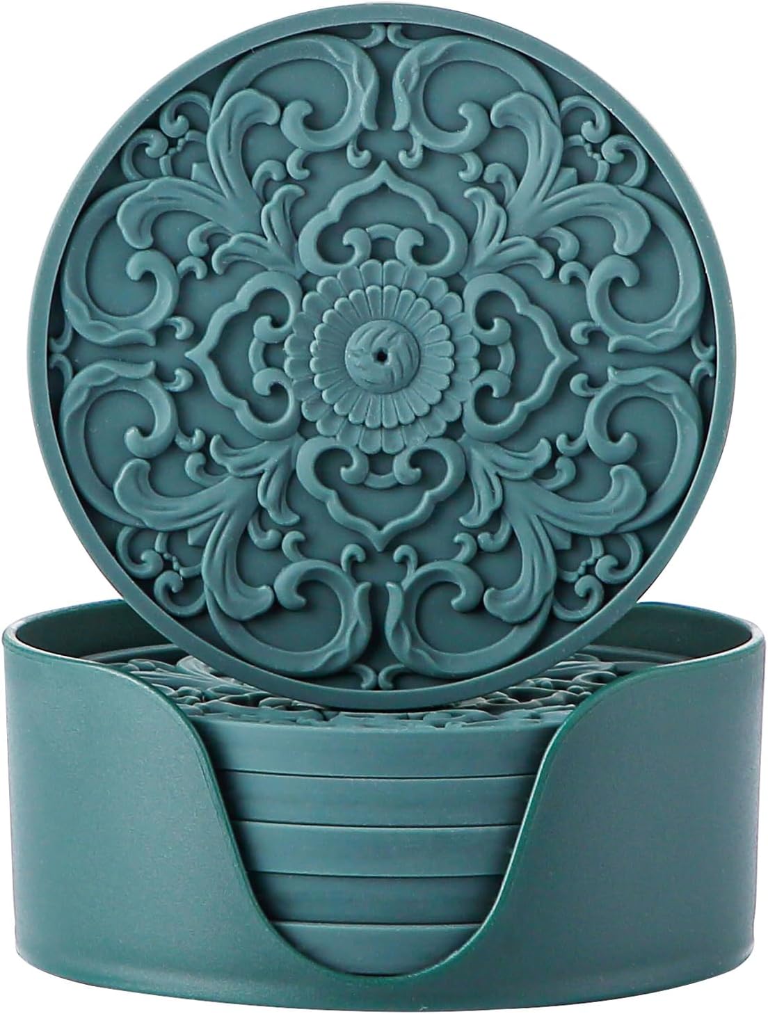 Colinda Silicone Coasters - Set of 6 with Holder, Non-Slip Cup Mats for Hot and Cold Drinks, Decorative Designs, Gift Ready Packaging,Malachite Green