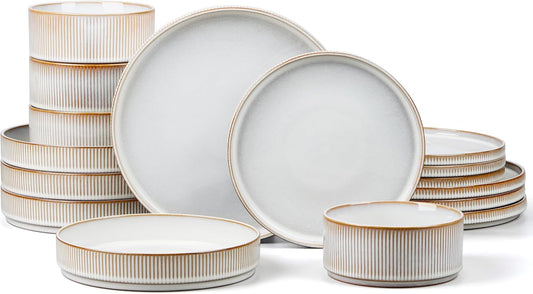 E-far 16 Piece Dinnerware Sets, Plates and Bowls with Pasta Bowls Service for 4, Modern Stoneware Ribbed Dishes for Kitchen Dining, Microwave & Dishwasher Safe, Creamy Beige