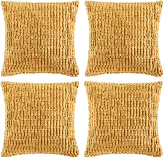 Fancy Homi 4 Packs Mustard Yellow Decorative Throw Pillow Covers 26x26 Inch for Living Room Couch Bed Sofa, Rustic Farmhouse Boho Home Decor, Soft Plush Striped Corduroy Square Cushion Case 66x66 cm