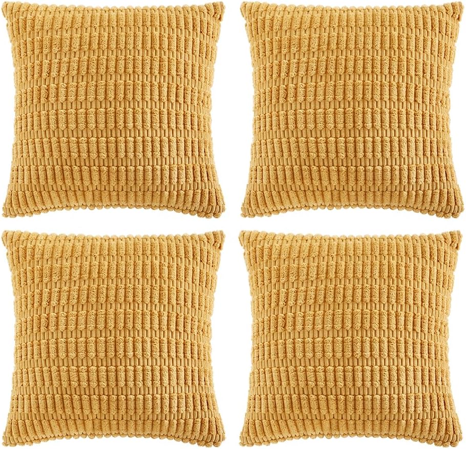 Fancy Homi 4 Packs Mustard Yellow Decorative Throw Pillow Covers 14x14 Inch for Couch Bed Sofa, Rustic Farmhouse Boho Home Decor, Soft Plush Striped Corduroy Square Cushion Case 35x35 cm