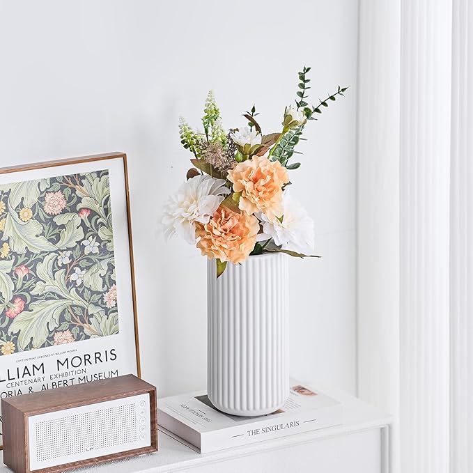 White Ceramic Flower Vase for Pampas Grass, 8 inch Small Decorative Centerpiece Ribbed Vase for Dining Table, Office Desktop, Shelf Bookshelf, Mantel, Entryway, Bathroom, Countertop, Farmhouse, Gift
