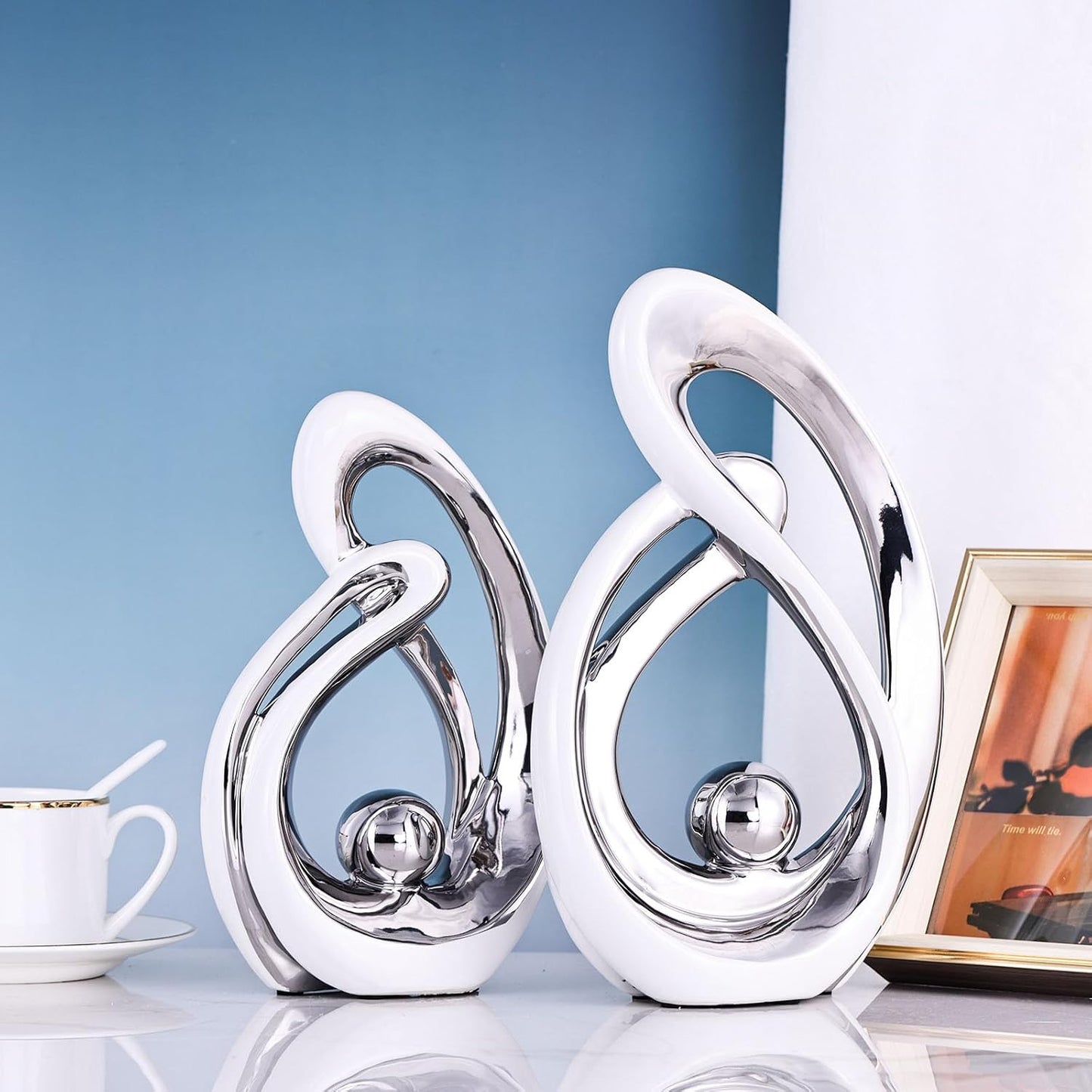 Home Decor Accent,Porcelain Art Mid Century Bookshelf Decorations,Gold Centerpieces for Tables,Abstract Ceramic Statue Sculpture for Coffee Table Mantel Tv Stand Centerpieces (White Silver, Large)