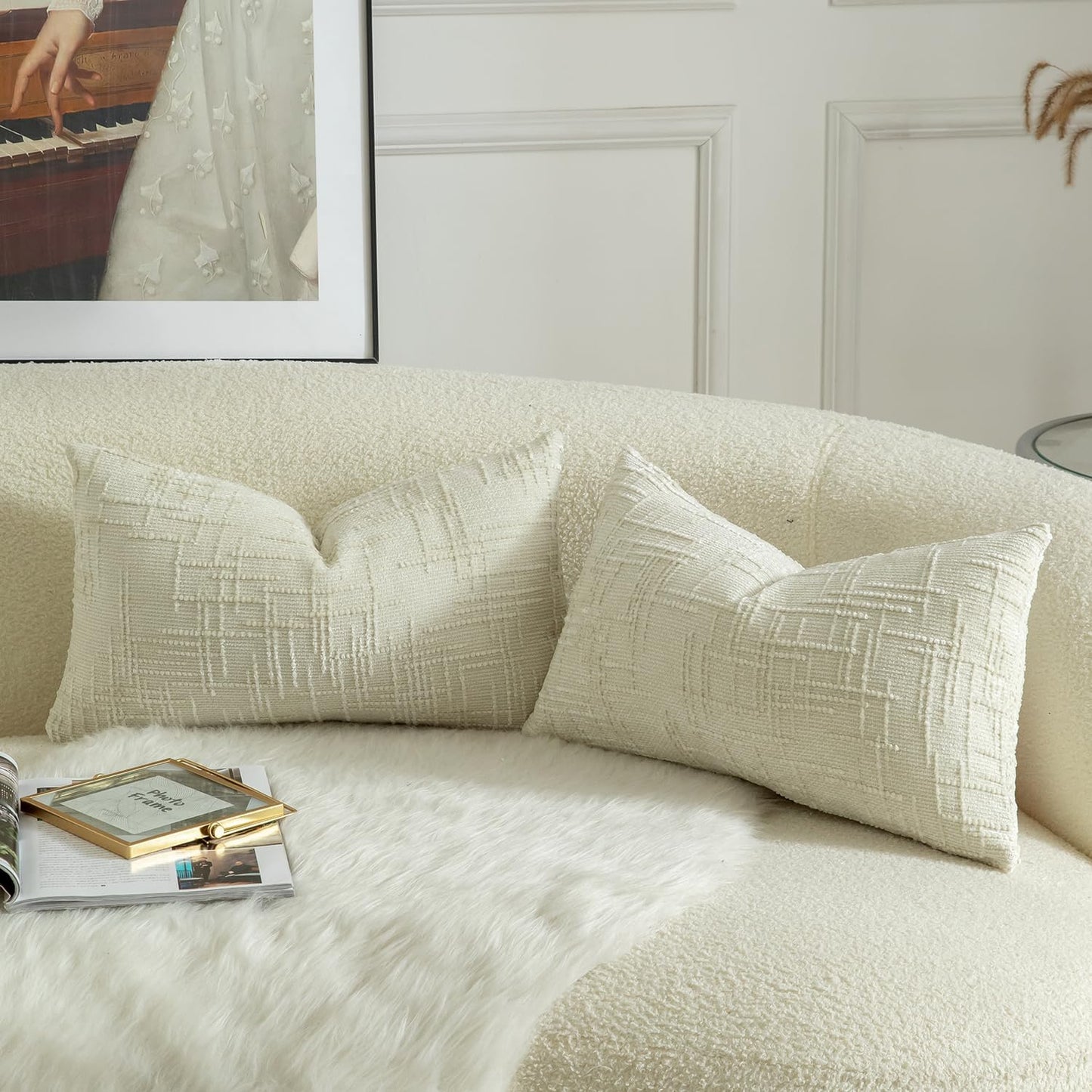 MANDIOO Pack of 2 Soft Chenille Textured Throw Pillow Covers Lumbar Accent Solid Decorative Cushion Cover Cozy Farmhouse Pillow Case for Couch Sofa Bed Living Room 12x20 Inch Cream White
