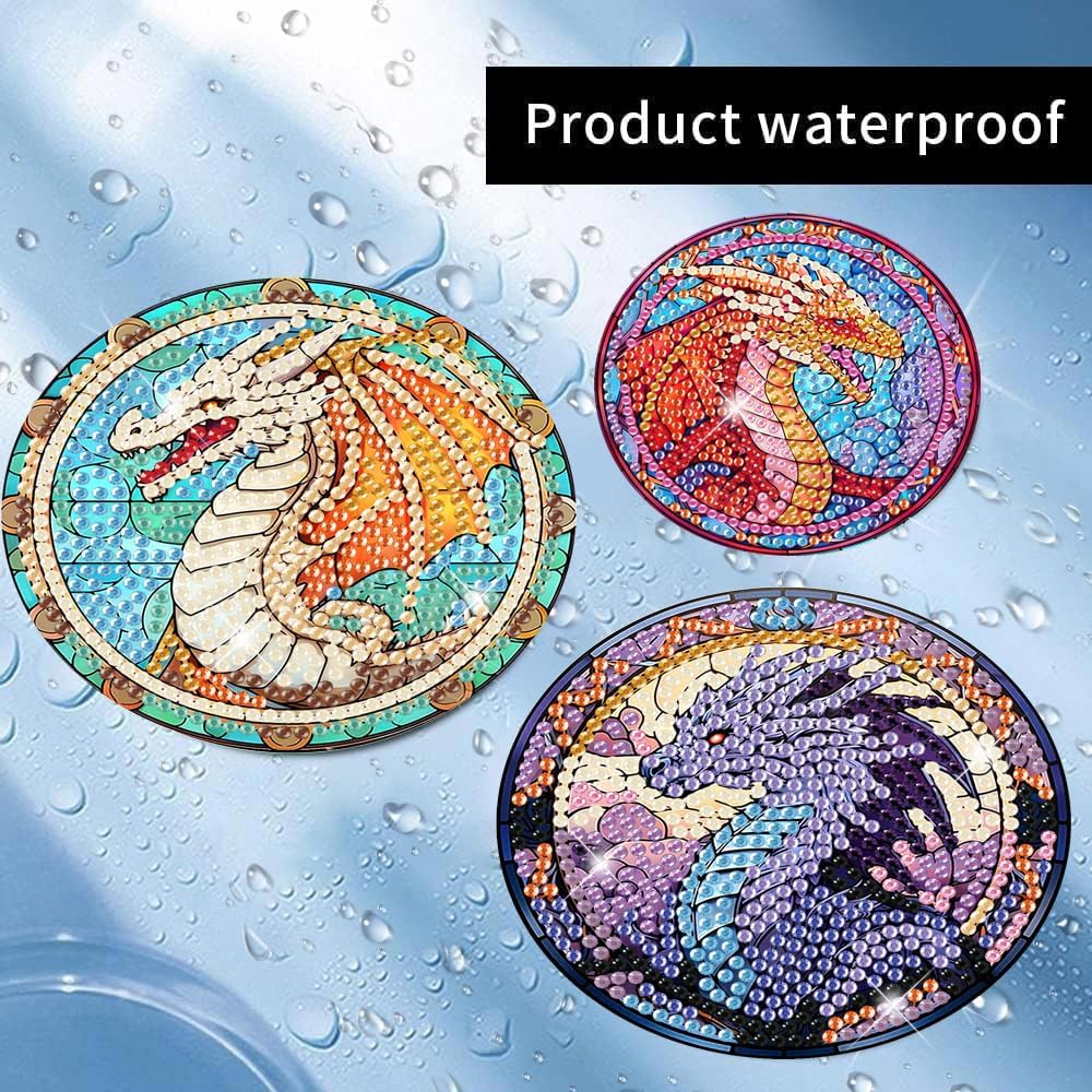 Meothan 8 Pcs Diamond Art Coasters Kits for Adults with Holder Cork Pads, Dragon Diamond Dots Art Painting Coasters Crafts Kit for Home Office Decor (Stained Glass Style)