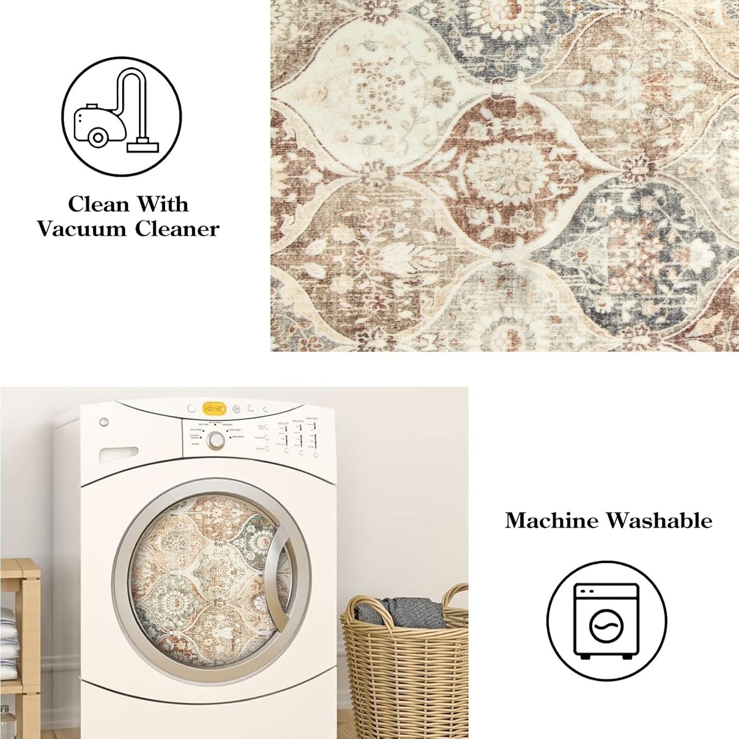 Lahome Moroccan Trellis Washable Small Area Rug, 3x5 Black Rug for Bedroom Living Room, Non-Slip Oriental Accent Throw Carpet for Kitchen Office Entryway Bathroom Office, Khaki