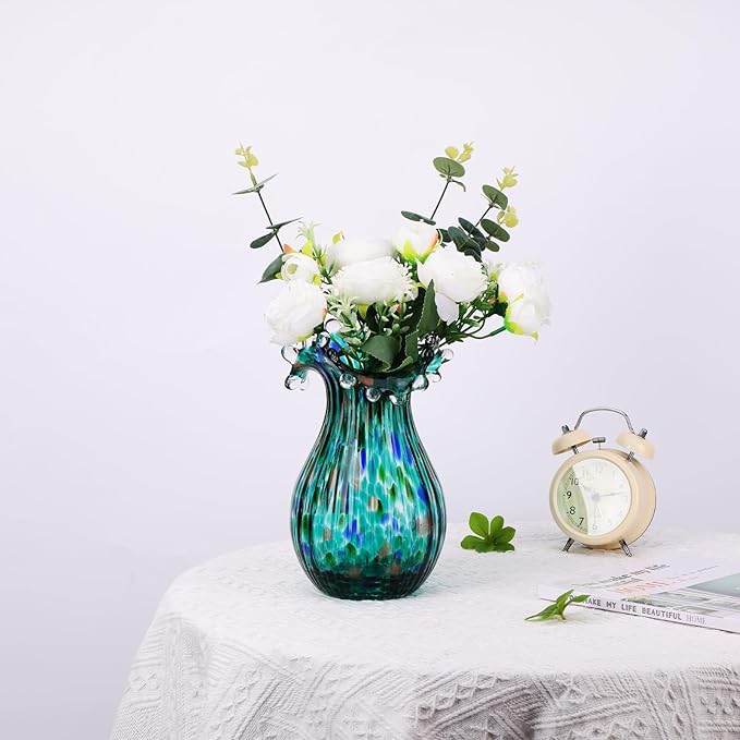 Hand Blown Green Glass vase, Decorative Wide Mouth Glass vase for Home Living Room, Fireplace Decorations, Table centerpieces, entryway Tables and Wedding Decorations.