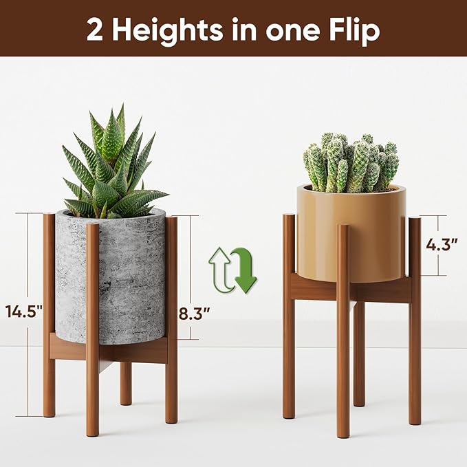 MUDEELA 14.5 Inch Tall Plant Stand for Indoor, Adjustable Width Bamboo Plant Stand for 8 9 10 11 12 Inches Pot, Single Tier Planter Holder Floor Stand, Mid Century Modern Style, Dark Brown, Without Pot