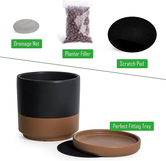 D'vine Dev Set of 2 Plants Pots, 6 Inch Ceramic Planter Pot for Plants with Drainage Hole and Saucer, White-Grey/Black-Tan, 94-V-C-C