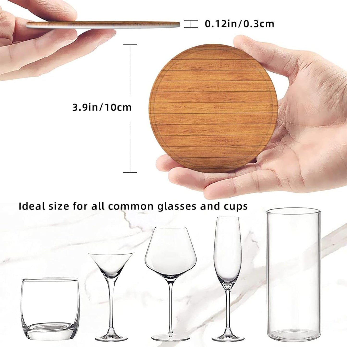 Drink Coasters with Holder Stand Set of 6, Ivy Wood Grain Board Pu Leather Absorbent Coasters with Cork Base Table Round Coaster for Housewarming Apartment Kitchen Bar Decor