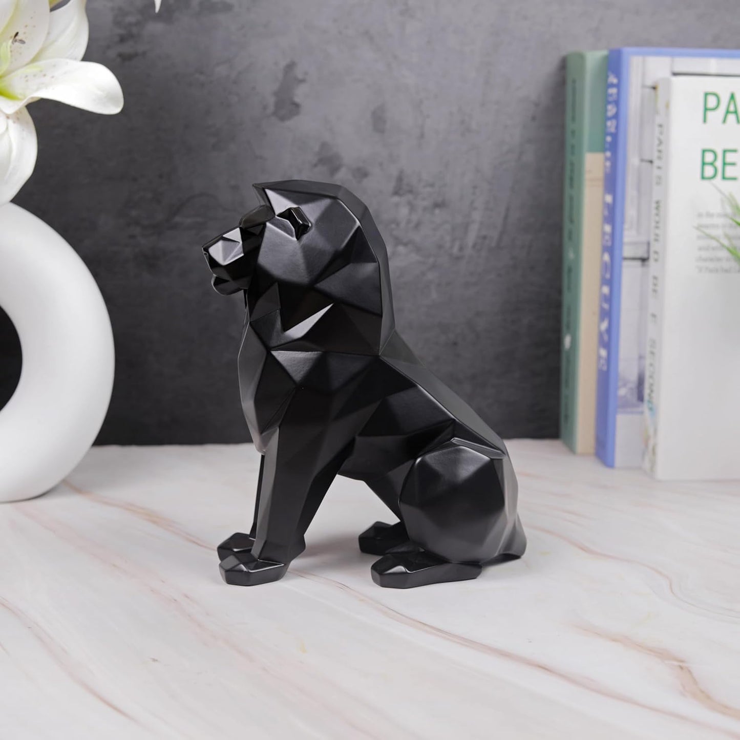 Black Lion Statue for Home Decor Geometric Style Sitting Black Lion Figurine Home Decorative Showpiece, Lion Idol for Office Decoration, Handmade Animal Statue Resin, Size 7.67 inch