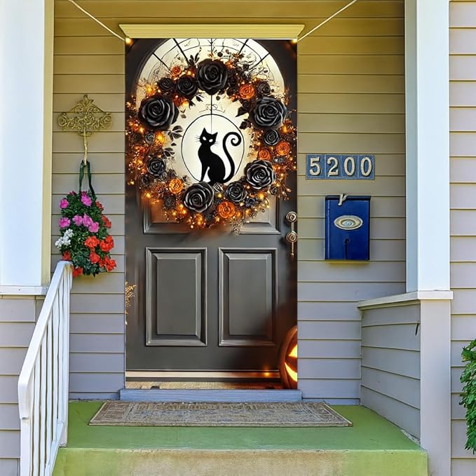 2D flat Halloween Pumpkin Black Cat Door Cover – Spooky Door Banner for October Front Porch Party, Christmas Themed Hanging Decorations for Indoor, 71x35 Inch